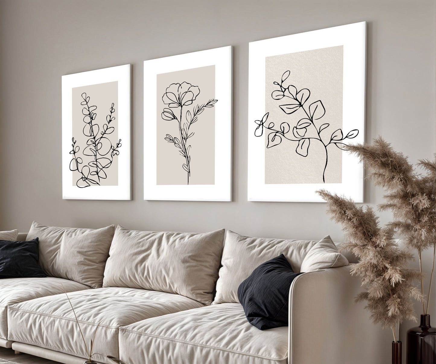 Boho Style Minimal Flower Painting Set - 3 Piece Modern Wall Decor