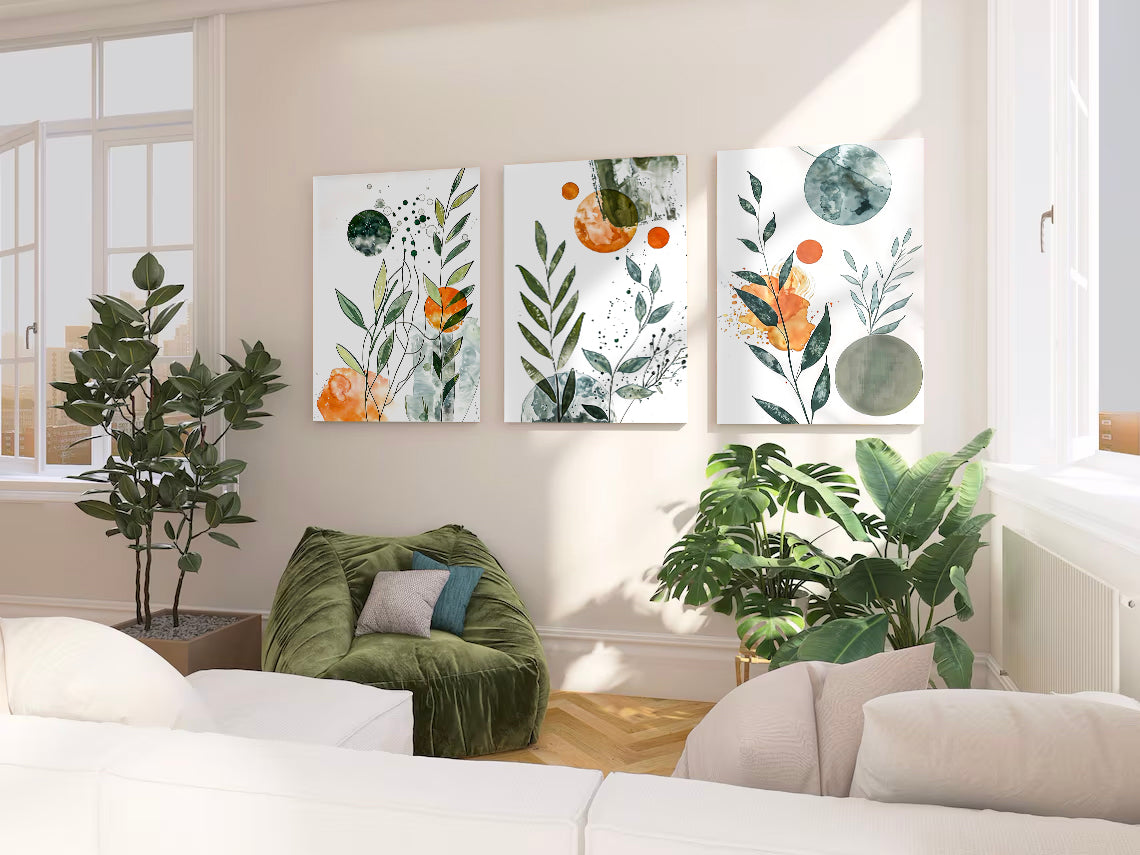 Modern Minimalist Set of 3 Paintings - Green and Orange Natural Floral Pattern Wall Art