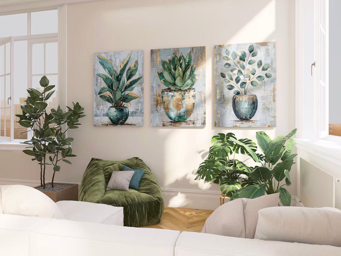 Modern Green Plant 3 Piece Painting Set - Wall Art Decoration