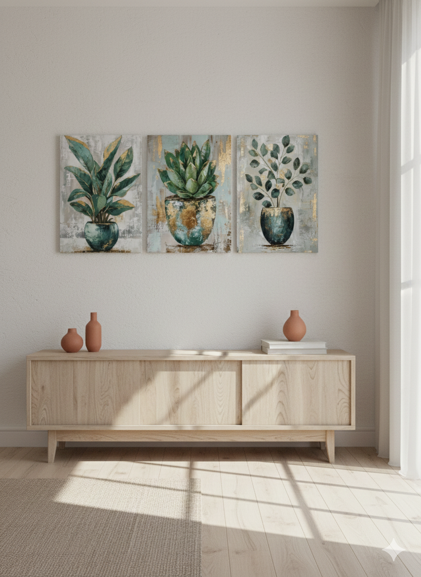3’lü Modern Kanvas Duvar Tablosu – Vazo | Salon & Yatak Odası Tablosu