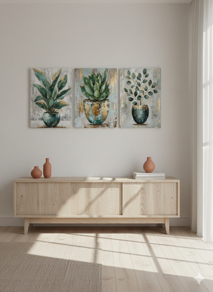 3’lü Modern Kanvas Duvar Tablosu – Vazo | Salon & Yatak Odası Tablosu