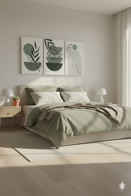 3’lü Modern Kanvas Duvar Tablosu – Sage | Salon & Yatak Odası Tablosu