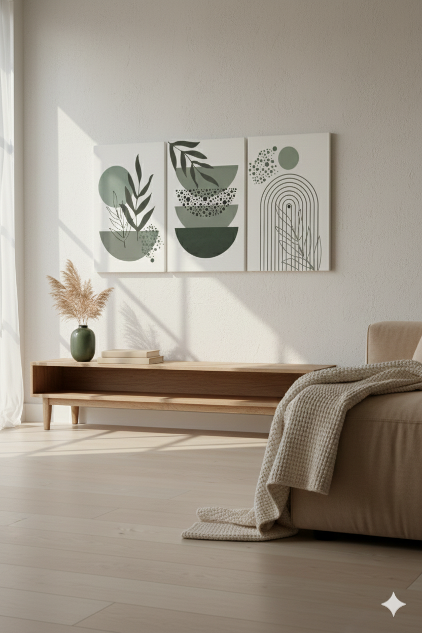 3’lü Modern Kanvas Duvar Tablosu – Sage | Salon & Yatak Odası Tablosu