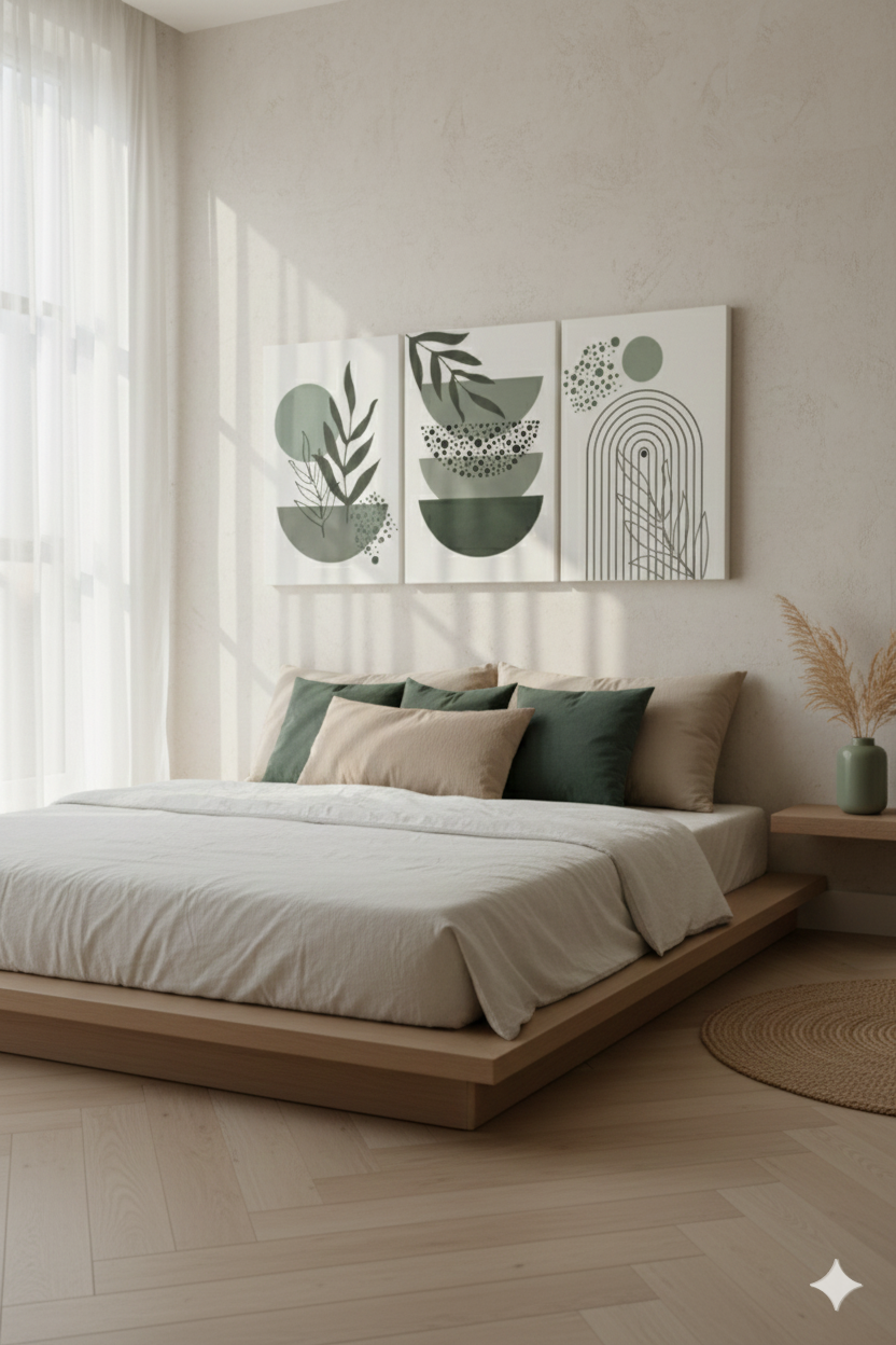 3’lü Modern Kanvas Duvar Tablosu – Sage | Salon & Yatak Odası Tablosu