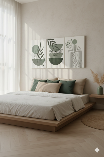 3’lü Modern Kanvas Duvar Tablosu – Sage | Salon & Yatak Odası Tablosu