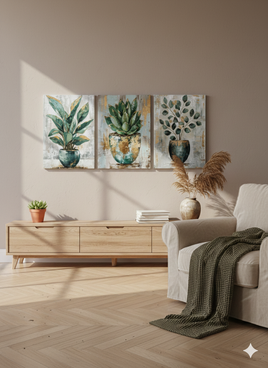 3’lü Modern Kanvas Duvar Tablosu – Vazo | Salon & Yatak Odası Tablosu