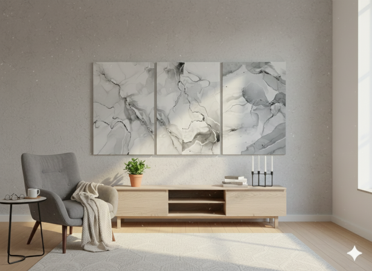3’lü Modern Kanvas Duvar Tablosu – Mermer | Salon & Yatak Odası Tablosu