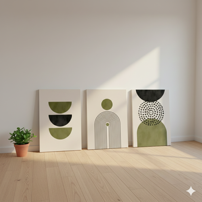 3’lü Modern Kanvas Duvar Tablosu – Zeytin | Salon & Yatak Odası Tablosu