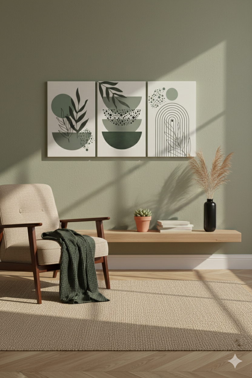 3’lü Modern Kanvas Duvar Tablosu – Sage | Salon & Yatak Odası Tablosu