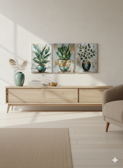 3’lü Modern Kanvas Duvar Tablosu – Vazo | Salon & Yatak Odası Tablosu