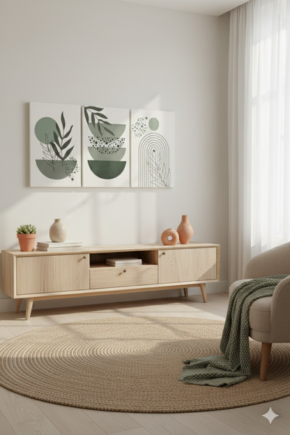 3’lü Modern Kanvas Duvar Tablosu – Sage | Salon & Yatak Odası Tablosu