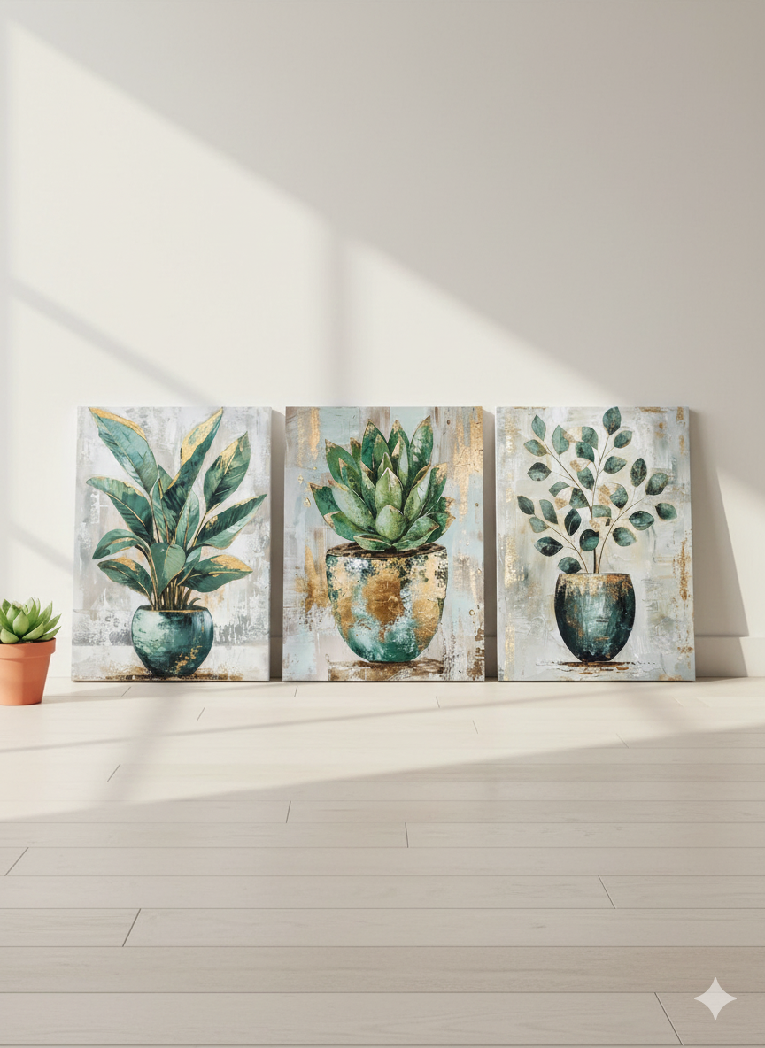 3’lü Modern Kanvas Duvar Tablosu – Vazo | Salon & Yatak Odası Tablosu