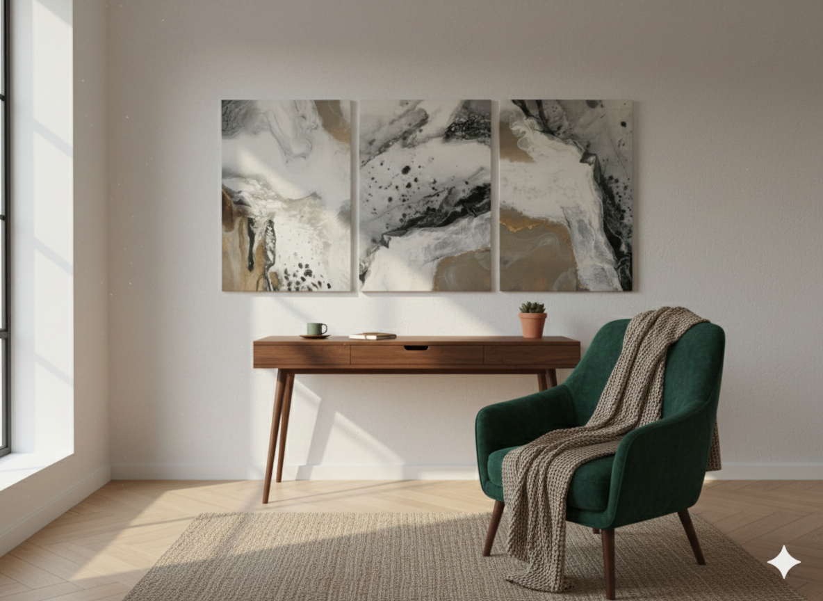 3’lü Modern Kanvas Duvar Tablosu – Altın | Salon & Yatak Odası Tablosu