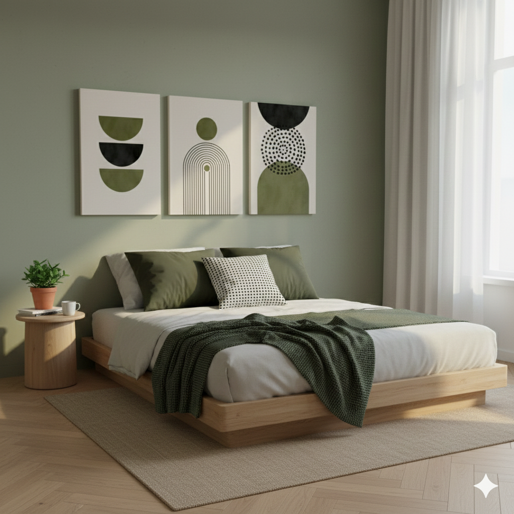 3’lü Modern Kanvas Duvar Tablosu – Zeytin | Salon & Yatak Odası Tablosu