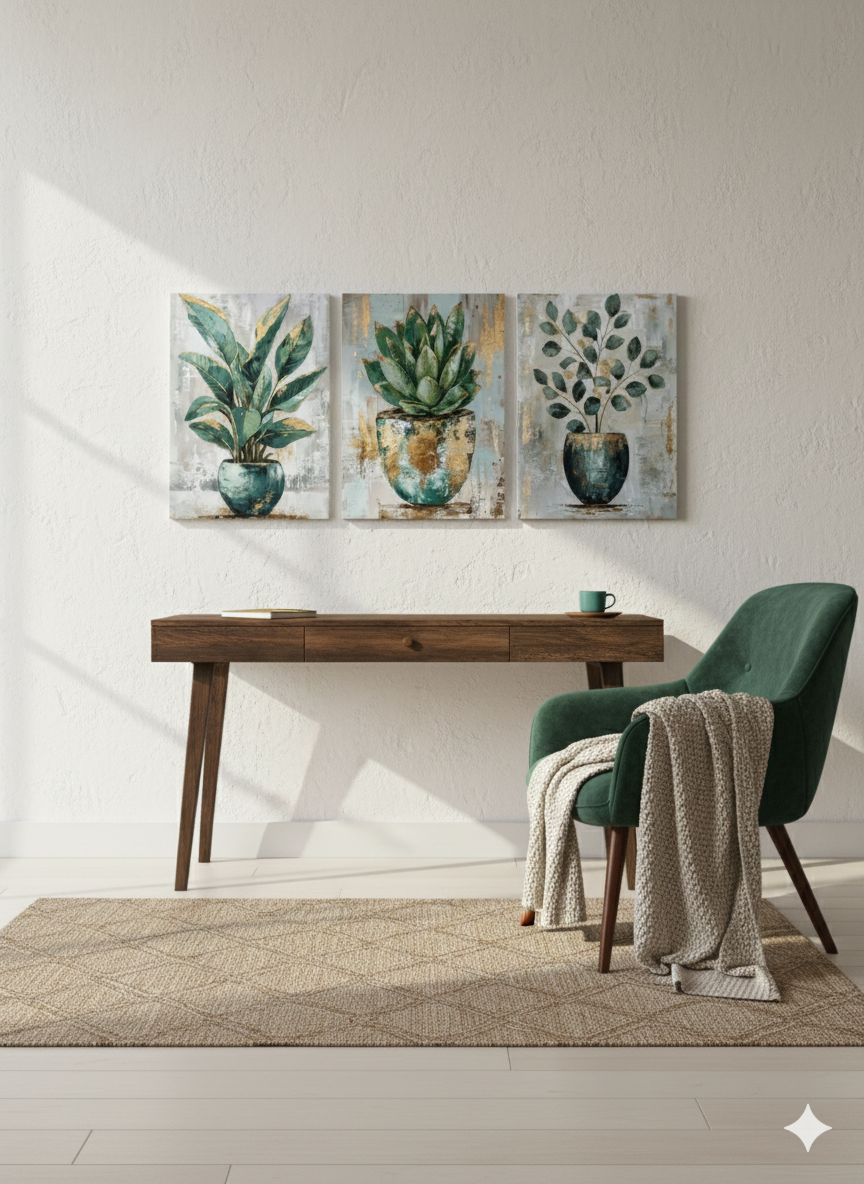 3’lü Modern Kanvas Duvar Tablosu – Vazo | Salon & Yatak Odası Tablosu