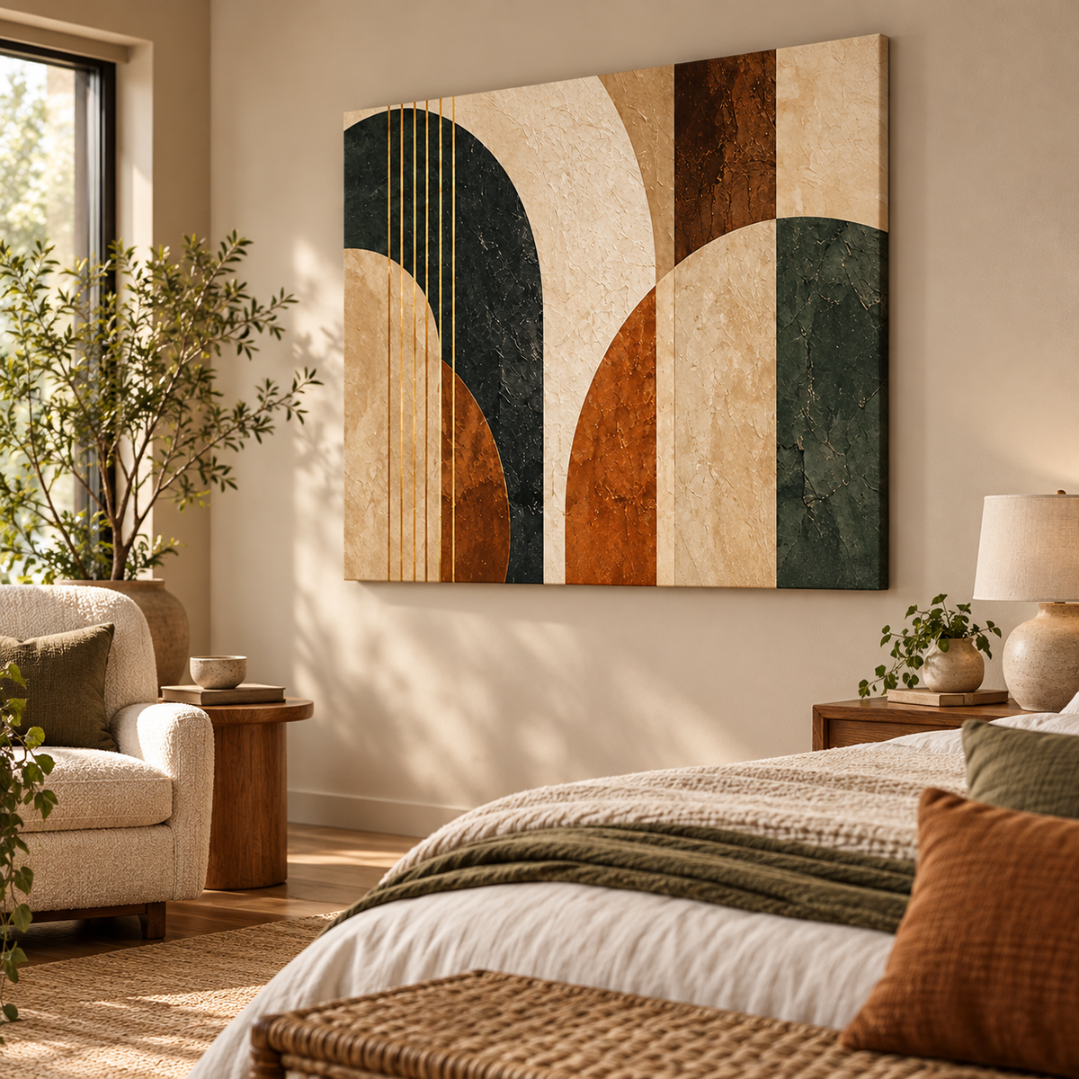 Arkeva soyut geometrik kanvas tablo, sıcak renkli modern okuma köşesinde sağ üst açıdan görünüm.