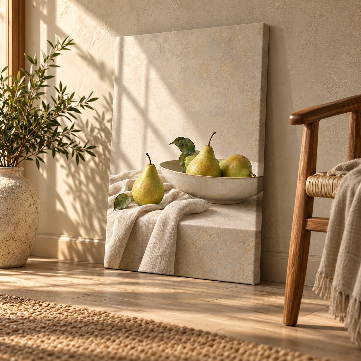 Armelya dikey armutlu çerçevesiz kanvas tablo, doğal ahşap sandalye yanında zeminde duvara yaslanmış sağdan görünüm.