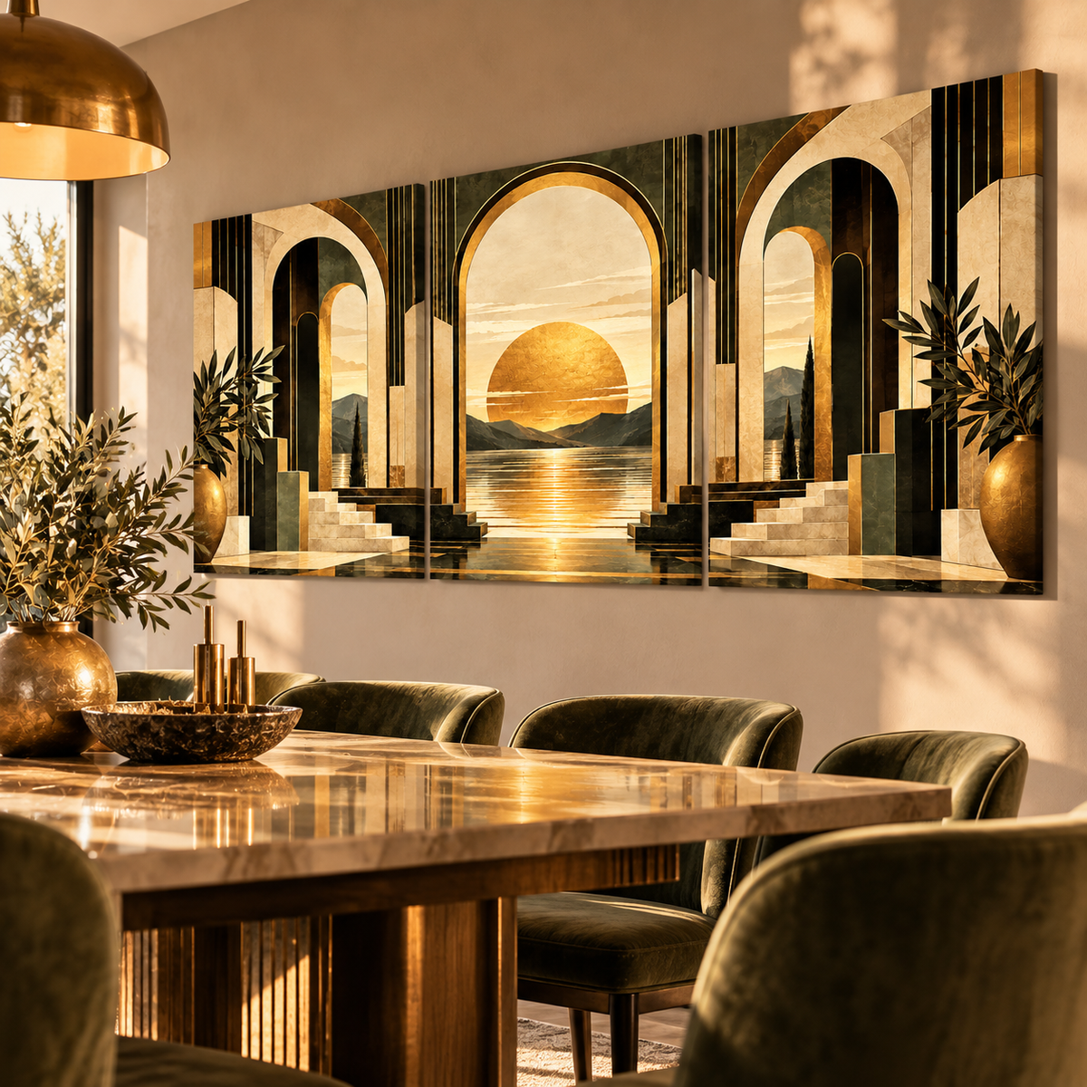 Aurekya Art Deco mimari ve altın güneş manzaralı üçlü kanvas tablo, yemek odasında alçak sol açıdan görünüm.
