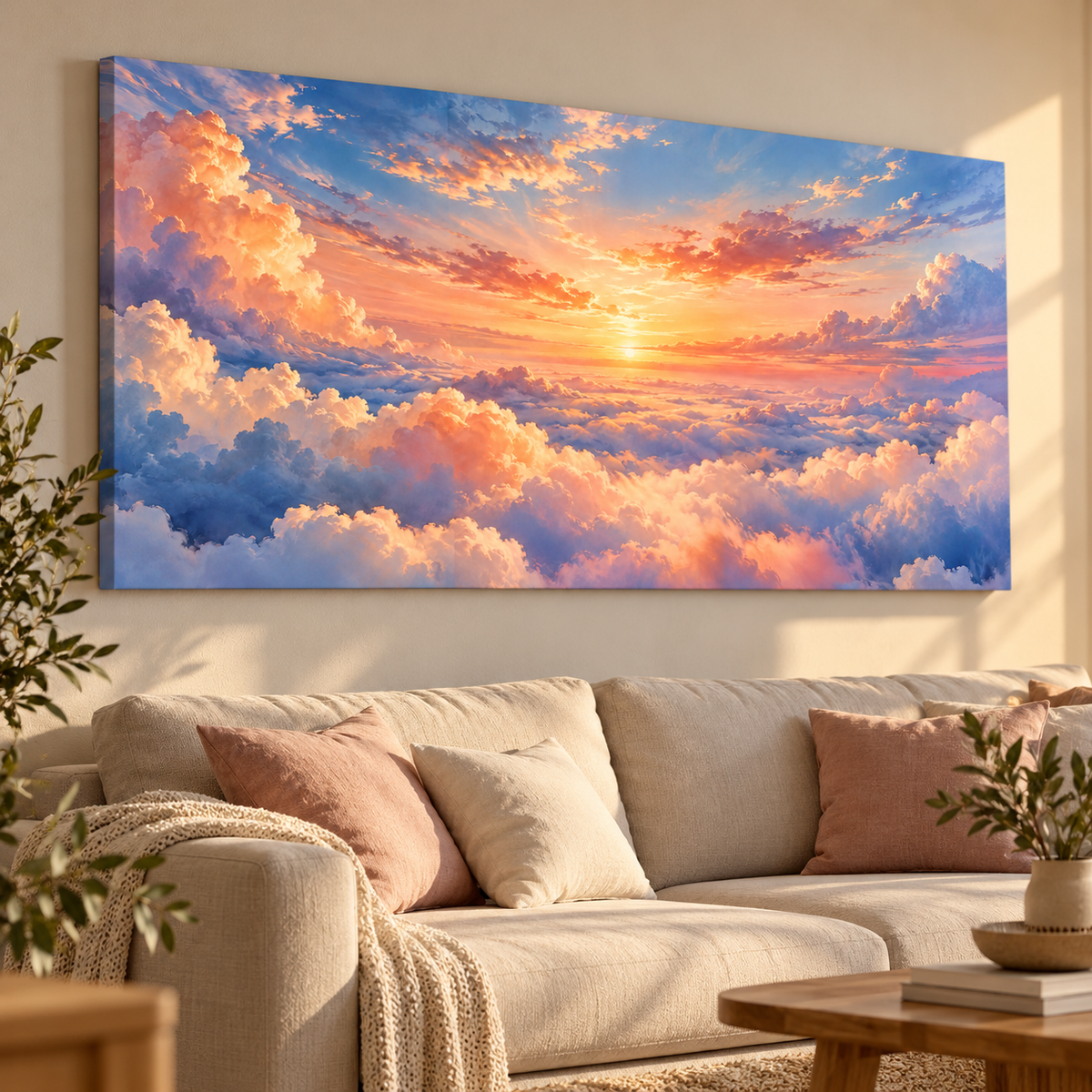 Bulutera pastel bulutlar ve gün batımı kanvas tablo, açık renk koltuklu ferah salonda soldan görünüm.
