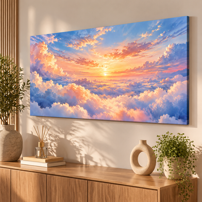 Bulutera pembe bulutlu gökyüzü tablosu, ahşap konsollu modern giriş alanında sağdan görünüm.