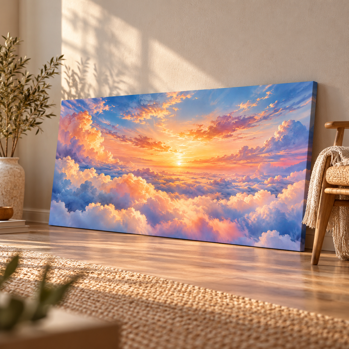 Bulutera panoramik bulut manzarası kanvas tablo, sandalye yanında zeminde duvara yaslanmış sağdan görünüm.