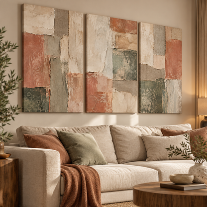 Dokuvia soyut geometrik üçlü kanvas tablo, krem koltuklu ve doğal ahşap detaylı modern salonda.