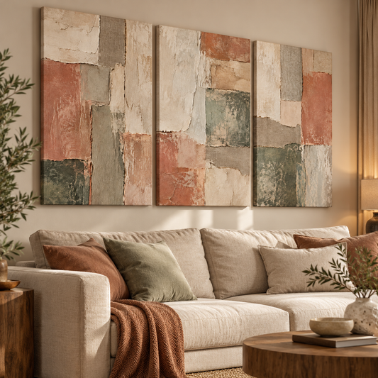 Dokuvia soyut geometrik üçlü kanvas tablo, krem koltuklu ve doğal ahşap detaylı modern salonda.