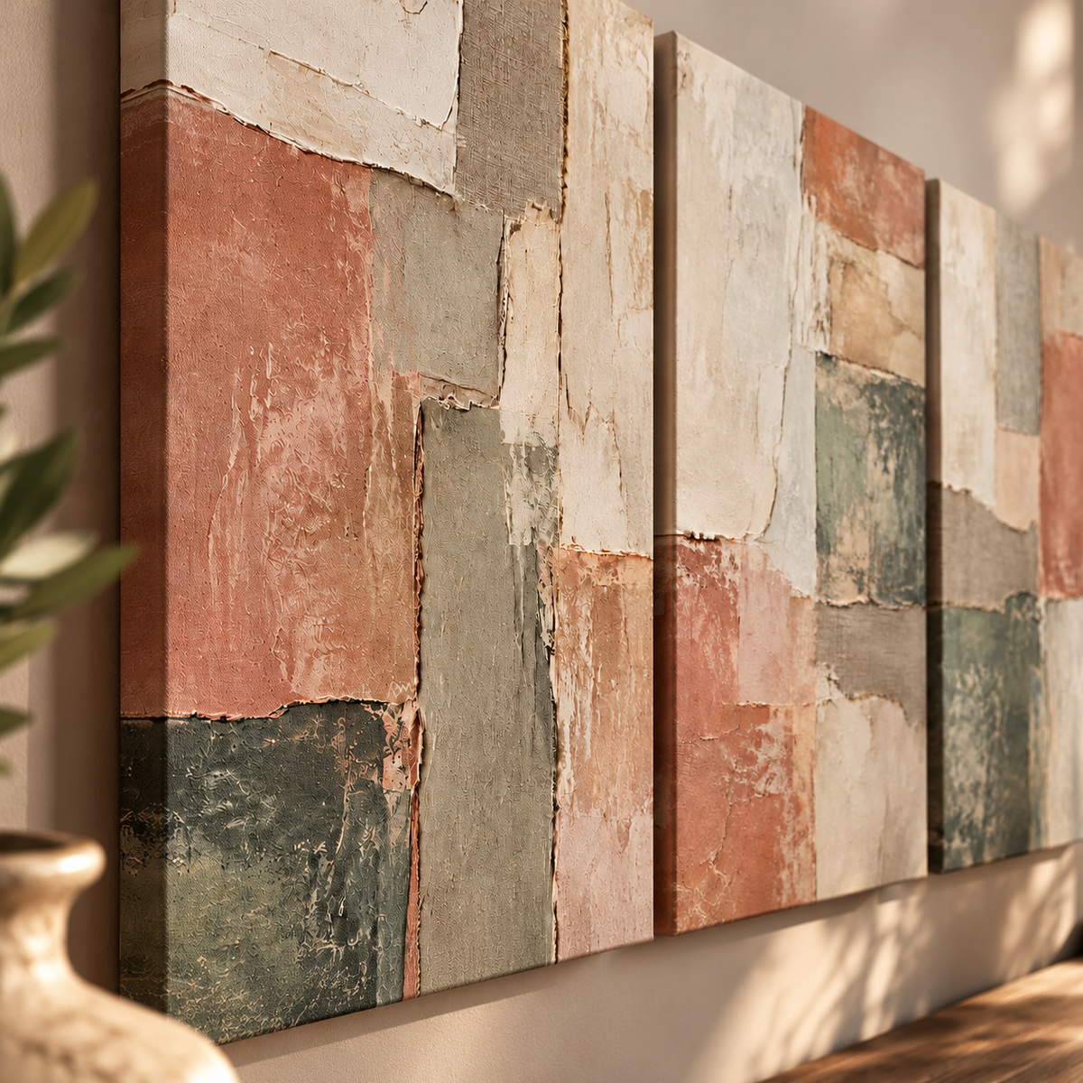 Dokuvia üçlü kanvas tablonun sol kenarından yakın çekim; baskı yüzeyi, terracotta ve krem geometrik desen detayları.