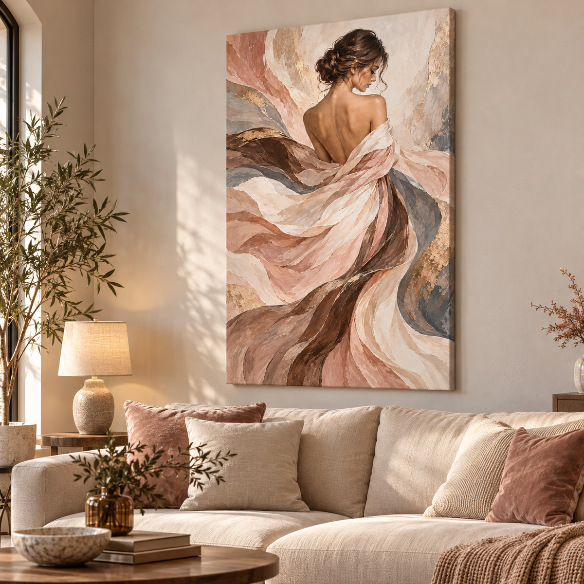 Elvoria kadın figürlü dikey kanvas tablo, krem koltuklu modern salonda soldan görünüm.