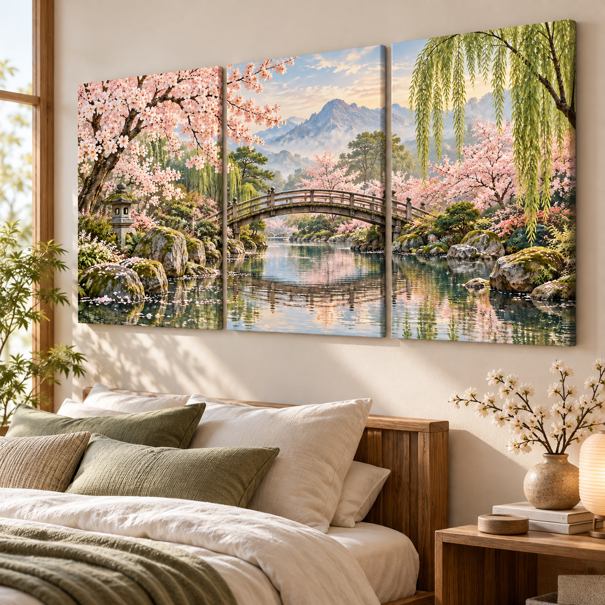 Hanoria pastel tonlu Japon bahçesi üçlü kanvas tablo, keten dokularla döşenmiş huzurlu yatak ve okuma alanında sağdan hafif yüksek görünüm.