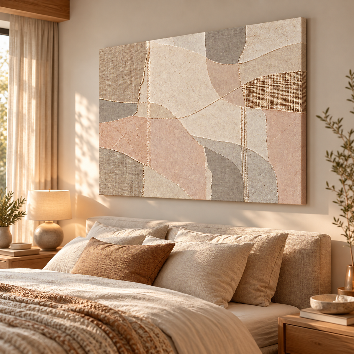 İlmora minimalist kanvas tablo, keten tekstillerle dekore edilmiş yatak ve okuma alanında sağdan hafif yüksek açıyla.