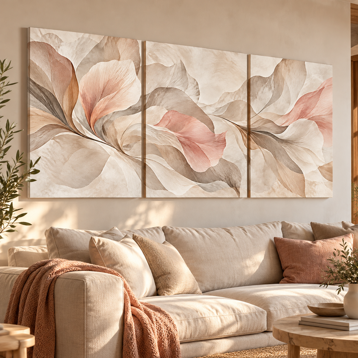 İpelya pastel botanik üçlü kanvas tablo, açık renk koltuklu modern salonda soldan görünüm.