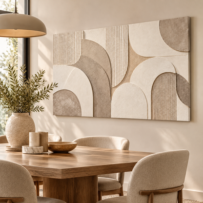 Kavora yatay geometrik kanvas tablo, doğal ahşap mobilyalı minimalist yemek alanında.