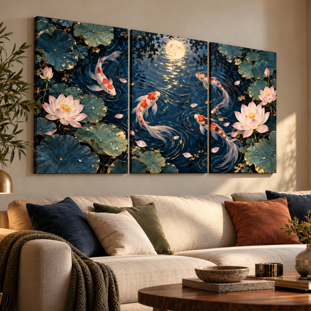 Koisera koi balıkları ve lotus çiçekleri üçlü kanvas tablo, koyu renk koltuklu modern salonda.