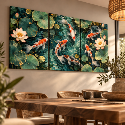 Koivara lotus çiçekleri ve koi balıkları üçlü kanvas tablo, doğal ahşap yemek masası bulunan alanda soldan alçak açıyla.