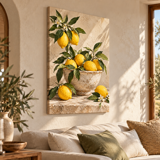 Limonera limon ve botanik desenli dikey kanvas tablo, doğal ışıklı Akdeniz tarzı salonda.