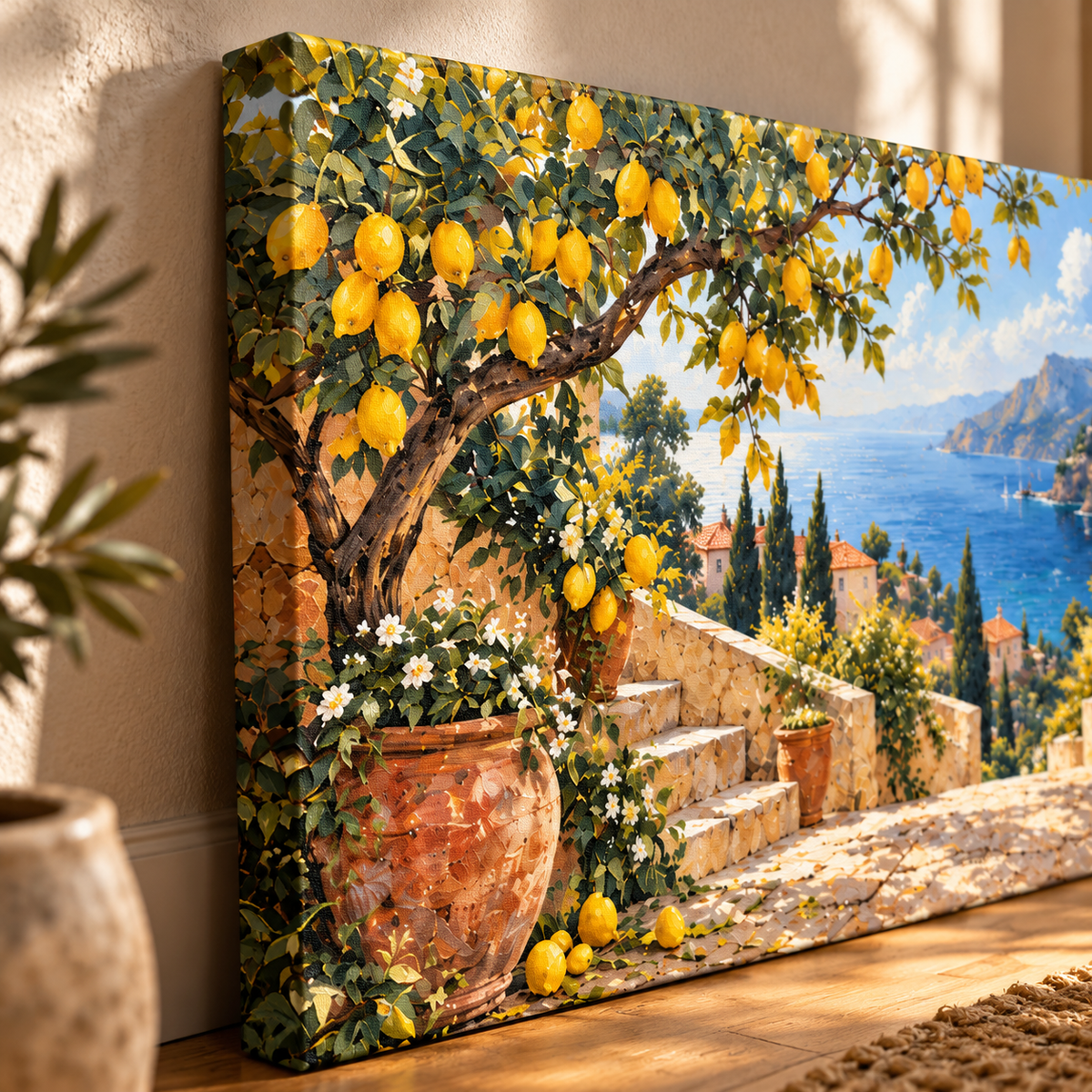 Limoniva kanvas tablonun sol kenarını, baskı yüzeyini ve limon ağacı deseninin detaylarını gösteren yakın çekim.