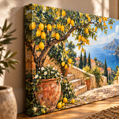 Limoniva kanvas tablonun sol kenarını, baskı yüzeyini ve limon ağacı deseninin detaylarını gösteren yakın çekim.