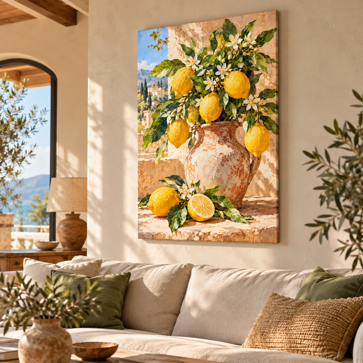 Açık renk koltuklu Akdeniz tarzı salonda, sarı limonlar ve seramik vazo tasarımlı Limonya kanvas tablo.