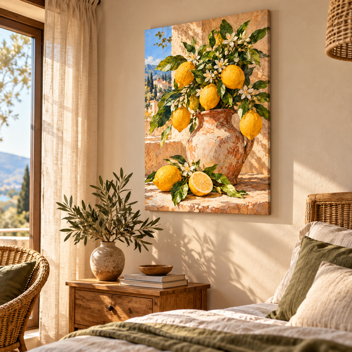 Keten koltuklu ve yeşil detaylı huzurlu okuma köşesinde, limon ve beyaz çiçek motifli Limonya kanvas tablo.