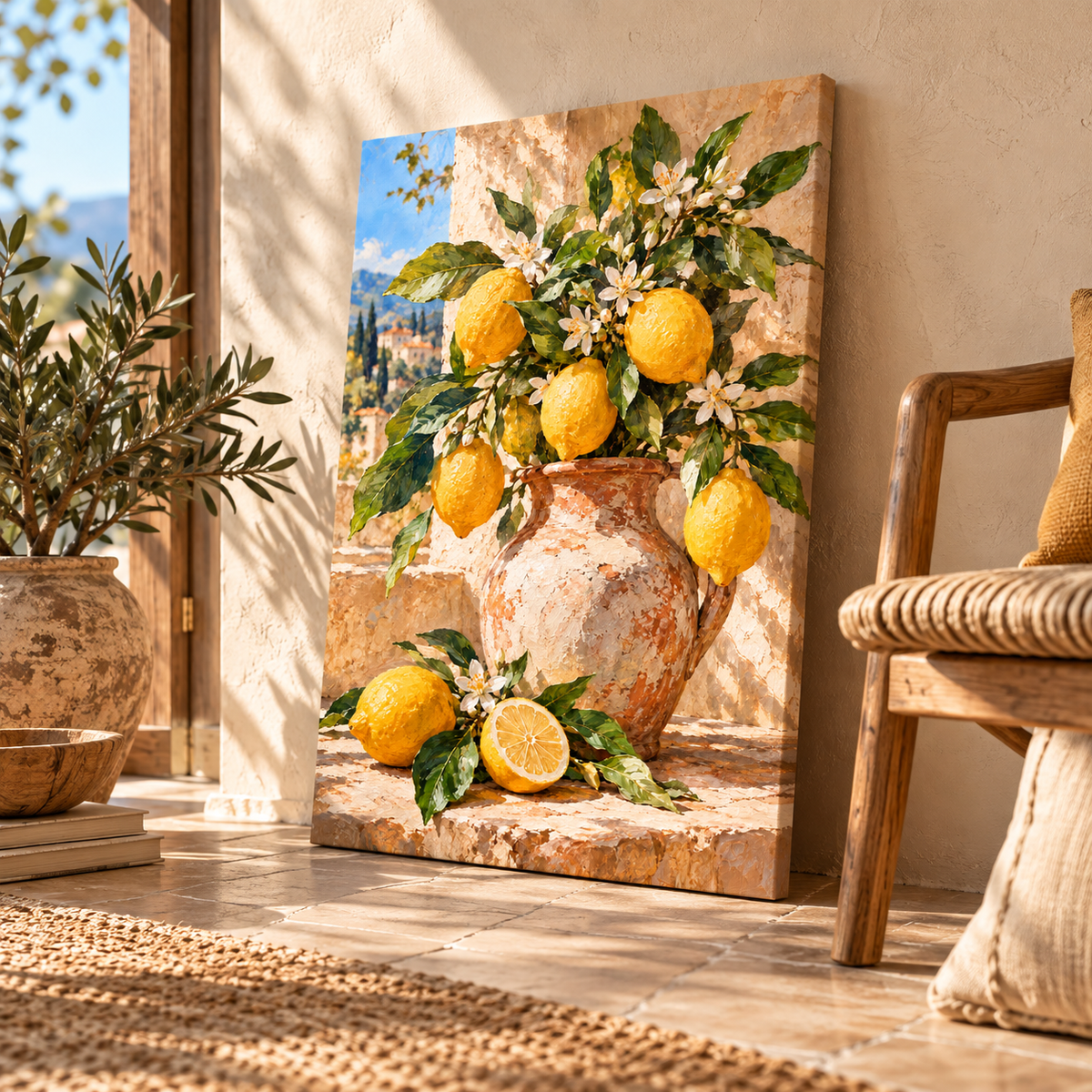 Dokulu krem duvara zeminde yaslanmış, yanında ahşap sandalye bulunan dikey Limonya limon desenli kanvas tablo.