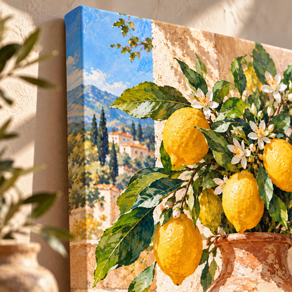 Limonya kanvas tablonun sarı limon ve yeşil yaprak baskısını, çerçevesiz sol kenarını ve kanvas yüzeyini gösteren yakın çekim.