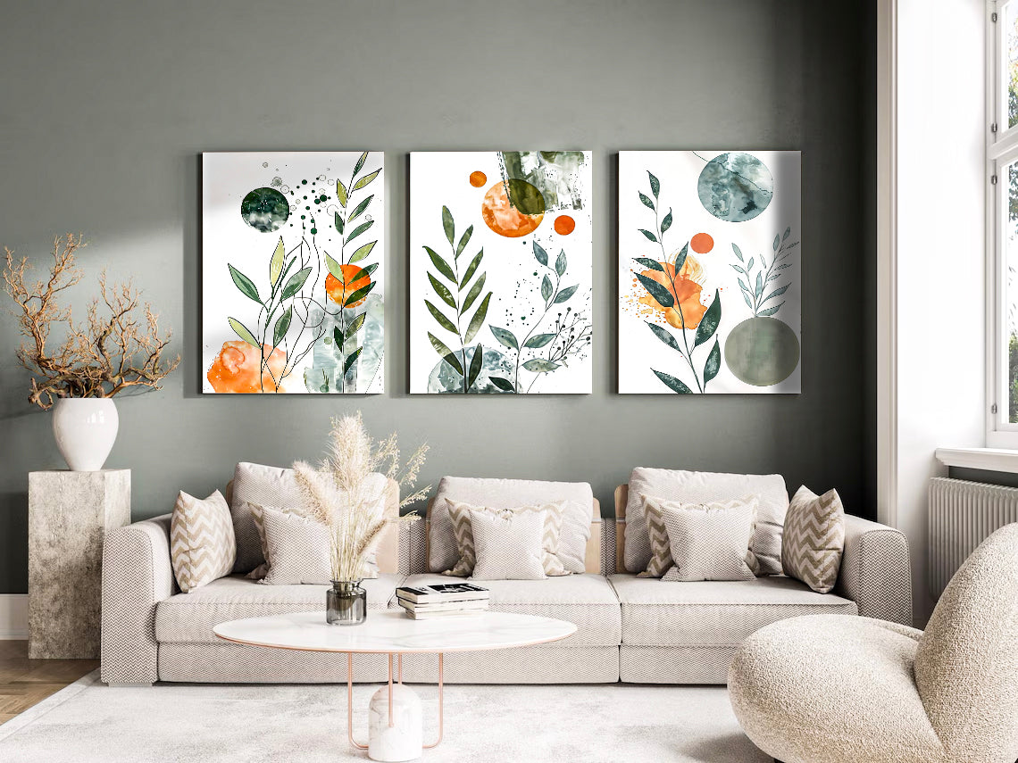 Modern Minimalist Set of 3 Paintings - Green and Orange Natural Floral Pattern Wall Art