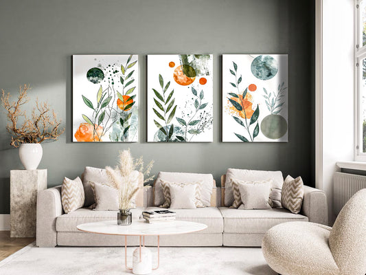 Modern Minimalist Set of 3 Paintings - Green and Orange Natural Floral Pattern Wall Art