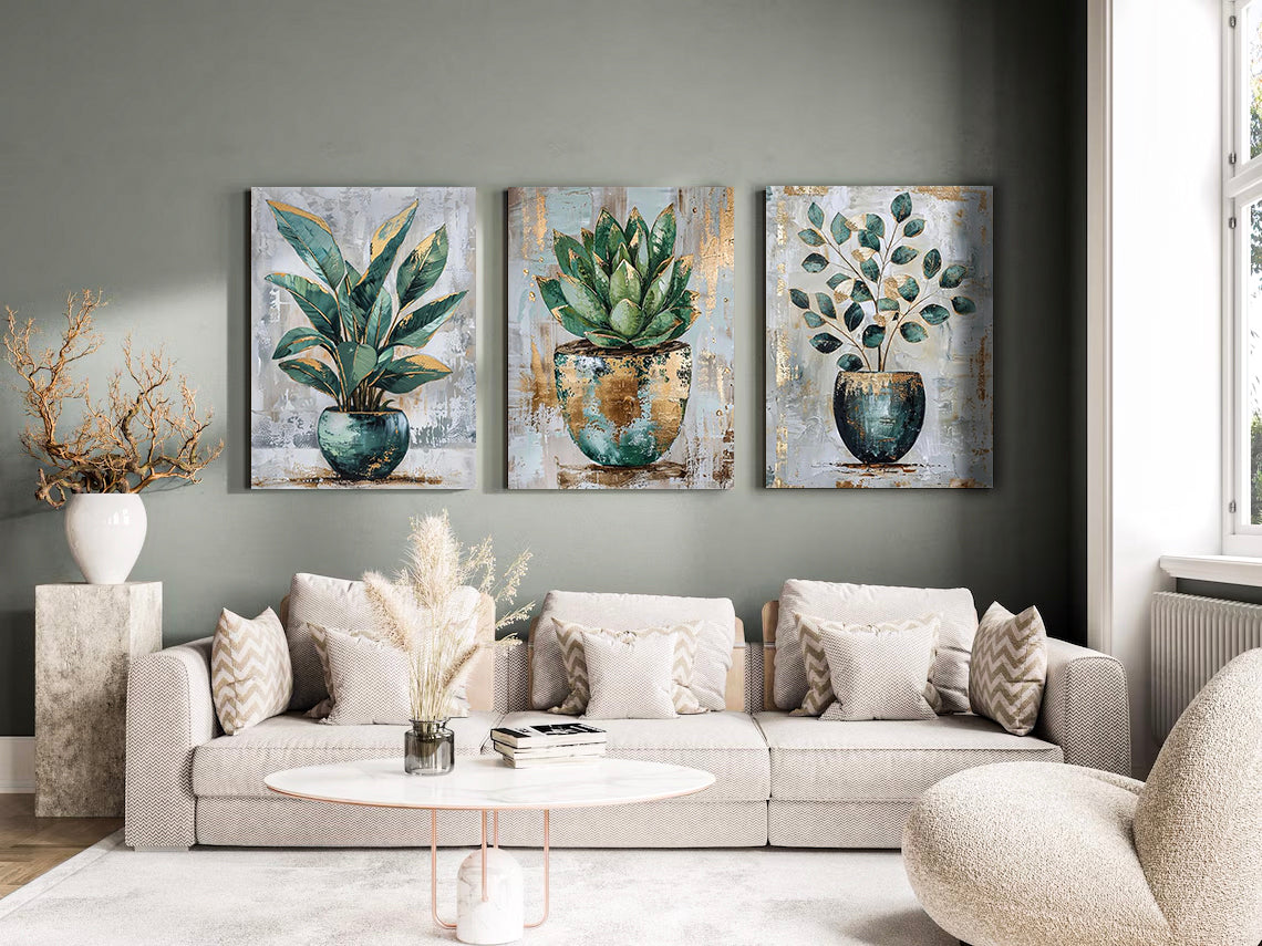 Modern Green Plant 3 Piece Painting Set - Wall Art Decoration