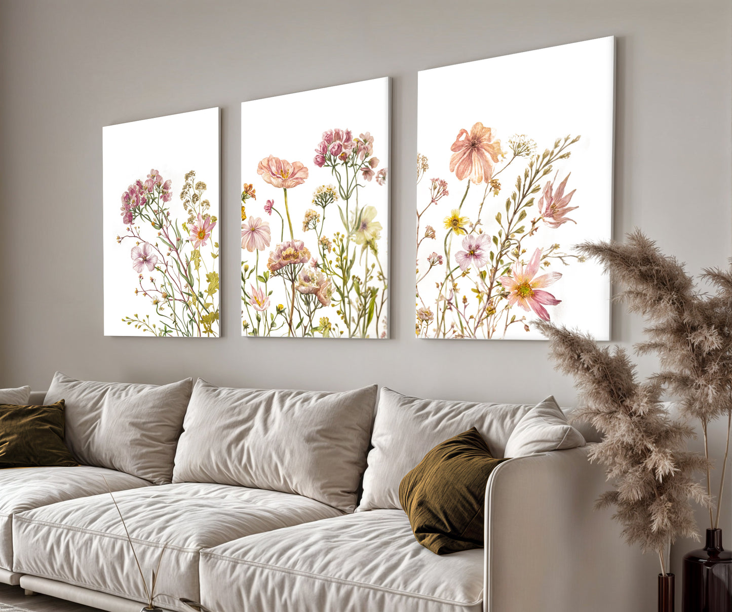 Floral Patterned 3 Piece Painting Set - Modern Living Room Wall Decor