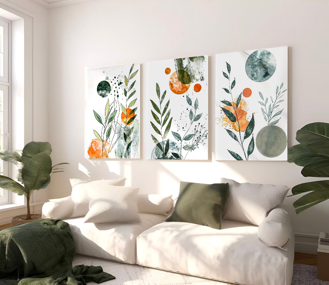 Modern Minimalist Set of 3 Paintings - Green and Orange Natural Floral Pattern Wall Art