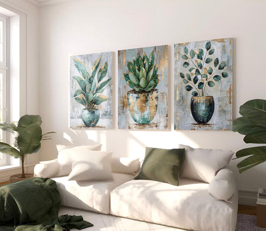 Modern Green Plant 3 Piece Painting Set - Wall Art Decoration