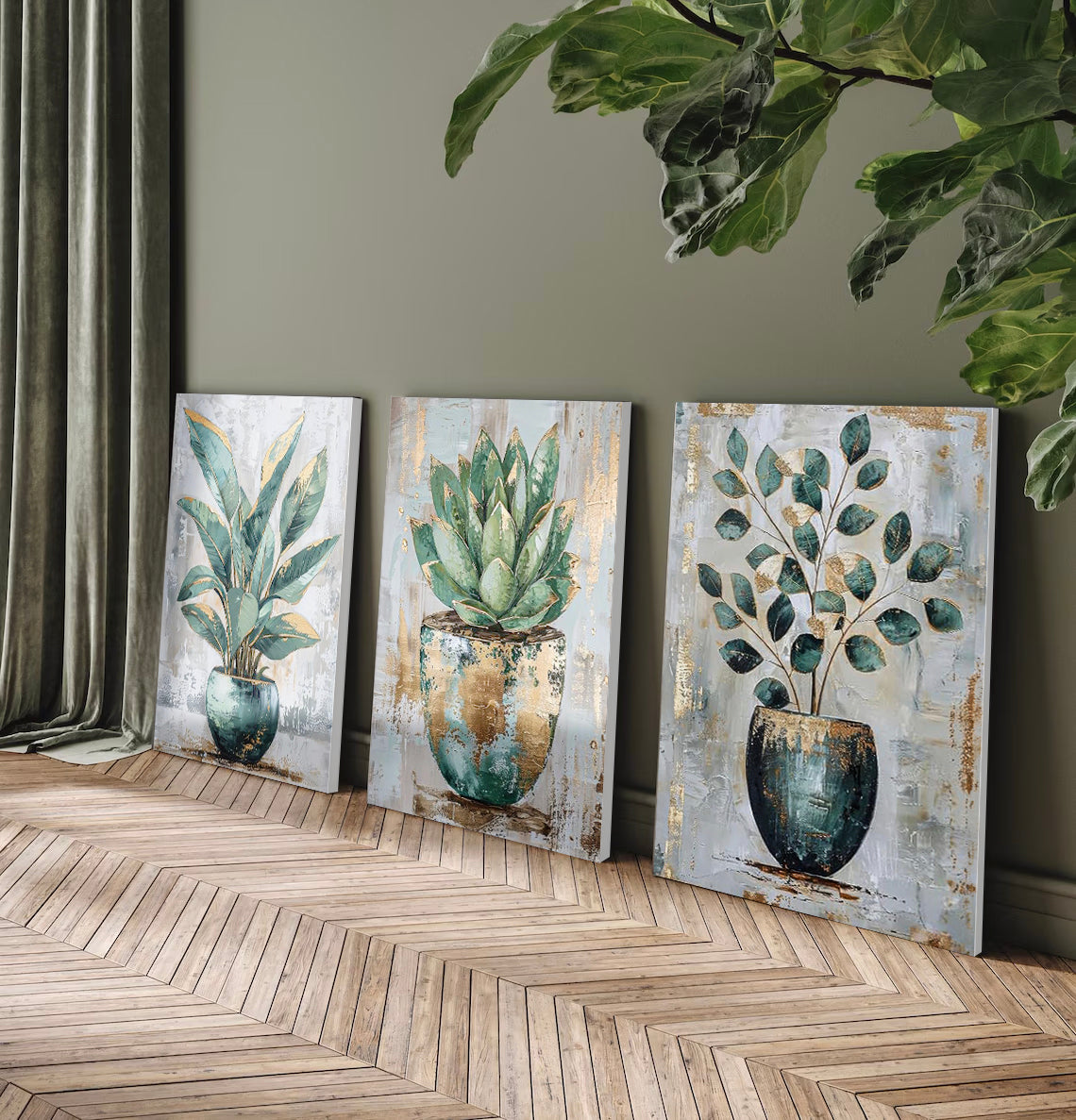 Modern Green Plant 3 Piece Painting Set - Wall Art Decoration