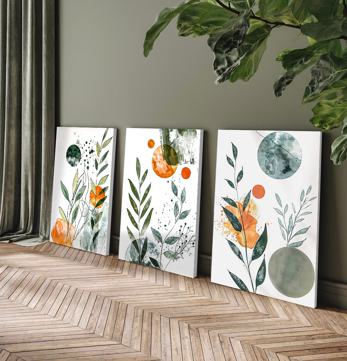 Modern Minimalist Set of 3 Paintings - Green and Orange Natural Floral Pattern Wall Art